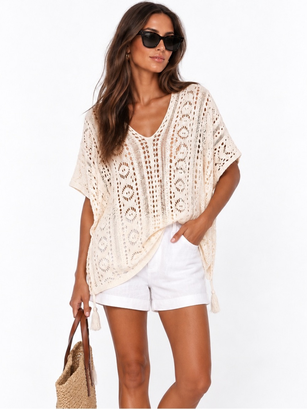 Ivory Crochet Swim Cover-Up Poncho One Size Boho Beachwear